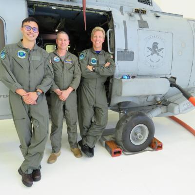 Jesus Ramos, left, and Thomas Hentges, right, pose with Dave Youngs, LockheedMartin flight test engineer, before their first flight to test SHAFTED hardware and software prototypes on the Atlantic Test Range in May. (Photo courtesy Brian Hill)