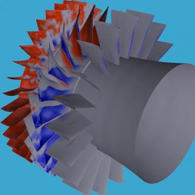 A simulation of an aircraft engine undergoing testing using modeling simulation on a computer.
