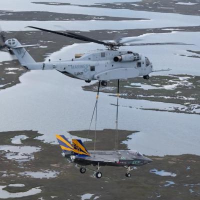 Ch-53K carries an F-35 airframe over water