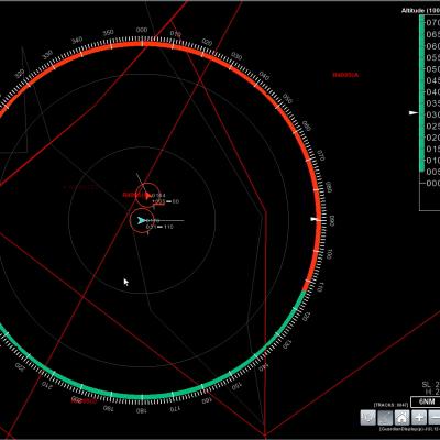 A screen displays the digital representation of two unmanned systems operating near each other. Data displays on the side of the screen with information on how close the unmanned systems are to one another, and other information to help system operators safely navigate in crowded airspaces.