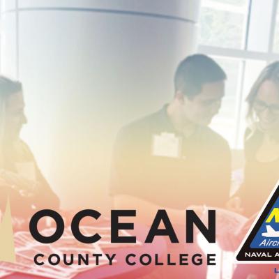 Photo of students and engineers talking at 2017 OCC career fair in the background. OCC and NAWCAD LKE logos in the foreground. 