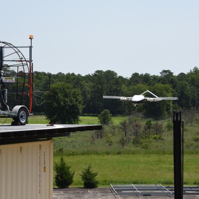 A wind test is conducted at the Naval Air Warfare Center Aircraft Division Lakehurst Ship Motion Platform