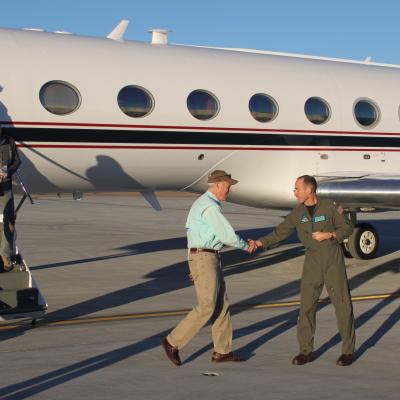 Naval Air Warfare Center Weapons Division Commander Rear Adm. Scott Dillon and Executive Director Joan Johnson welcome Secretary of the Navy Richard Spencer to China Lake on Nov. 17. (U.S. Navy photo by Aaron Crutchfield)