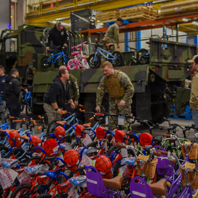 bicycles are loaded into trucks for the annual Toys for Tots drive. 