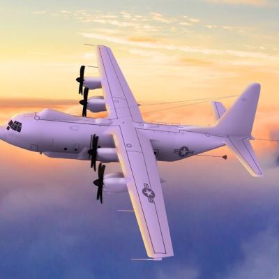 Artist rendering of a four propeller airplane in a sunset sky