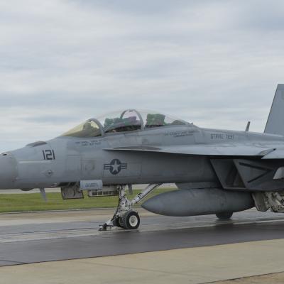An F/A-18 taxis on the flight line at Air Test and Evaluation Squadron (VX) 23 in Patuxent River, Maryland.