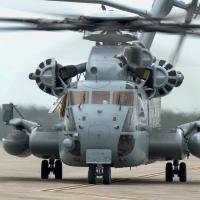 CH-53E helicopter taxing on runway