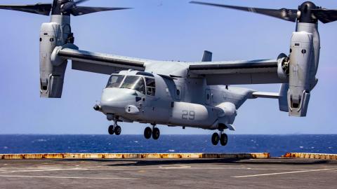 An MV-22 Osprey attached to the Blackjacks of Air Test and Evaluation Squadron (HX) 21 lands on the flight deck of the amphibious transport dock ship USS New York (LPD 21) on July 20, 2020. (U.S. Navy photo)