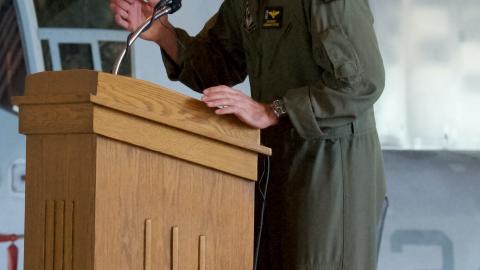 Cmdr. Daniel Short delivers remarks during the change of command ceremony for Air Test and Evaluation Squadron (HX) 21 on Oct. 9, 2020. Short, who previously served as HX-21’s chief test pilot, assumed command of the squadron from Lt. Col. John Ennis. (U.S. Navy photo by Paul Lagasse)