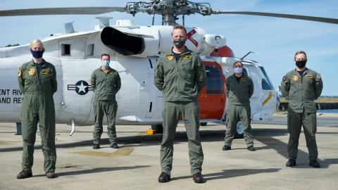 The crew of "Watchdog 765," an MH-60S assigned to Naval Air Station Patuxent River's Station Search and Rescue division, which responded to an aircraft emergency near Wallops Island, Va., this past summer. From left to right: Lt. Samantha Grimes, Lt. Derek Pelletier, HM2 Jacob Tittle, AWS1 Jonathan Smitherman, and AWS2 Jordon Dollen. (U.S. Navy photo)