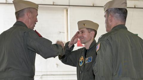 Rear Adm. Joseph Hornbuckle, Capt. Rob Smith, Capt. Jarrod Hair at PMA-209 change of command ceremony