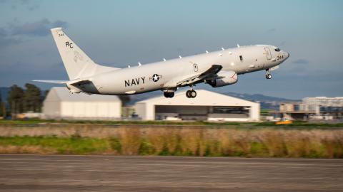  P-8A Poseidon maritime patrol aircraft, assigned to the "Grey Knights" of Patrol Squadron (VP) 46, takes off for its mission, Jan. 23, 2021.