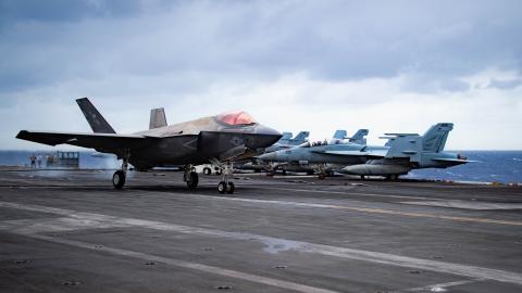 An F-35C Lightning II, assigned to the “Argonauts” of Strike Fighter Squadron (VFA) 147, recovers on the flight deck of Nimitz-class aircraft carrier USS Carl Vinson (CVN 70)