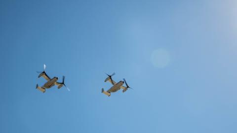 CMV-22B Ospreys, attached to Fleet Logistics Multi-Mission Squadron (VRM) 30, fly over Naval Air Station North Island, California. 