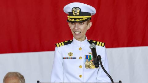 Cmdr. Colette Lazenka addresses the audience after taking command of Air Test and Evaluation Squadron (VX) 30 in Point Mugu, California, on May 12. (U.S. navy photo by Rob Grabendike)