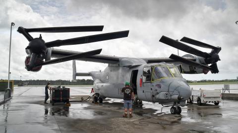 Fleet Readiness Center East (FRCE) artisans ready an MV-22 Osprey for “ground turn” which is an essential operational test of all of the aircraft’s systems and components.