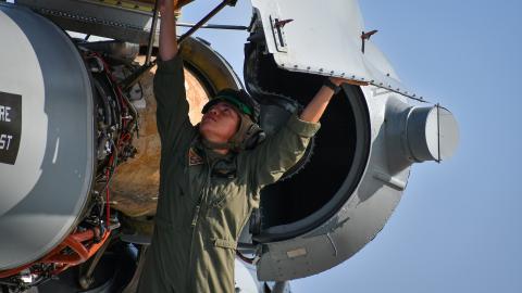 Maj. Brittany Fayos, Military Aircraft Production Deputy Director and CH/MH-53 pilot at Fleet Readiness Center East (FRCE), conducts a functional check flight inspection while preparing to deliver a recently overhauled CH-53 Sea Stallion helicopter to the Fleet. FRCE ensures warfighters throughout the Navy and Marine Corps are equipped with combat-ready aircraft. 