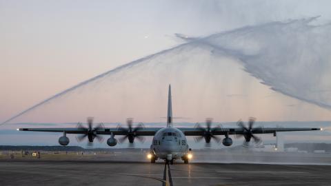 Front view of KC-130J Super Hercules as aircraft taxis down runway at Marine Corps Air Station Cherry Point, North Carolina