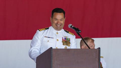 Capt. David Halpern speaks after relieving Capt. Ryan Bryla as commodore of Naval Test Wing Pacific in a July 14 ceremony in China Lake, California. (U.S. Navy photo by Rob Grabendike)