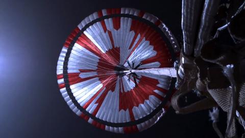 Perseverance's parachute deploys during its Feb. 18 landing on Mars