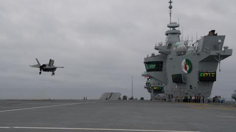 An F-35B prepares to land aboard HMS Queen Elizabeth