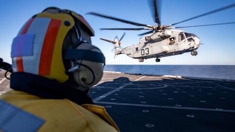 CH-53K Takes Flight from Ship Deck During Sea Trials 2023