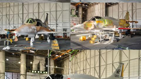 Collage of 5 photos of the aircraft throughout the refinishing process 