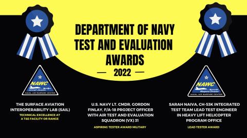 A graphic announces awardees of the Navy's Test and Evaluation Awards from NAWCAD and NAWCWD.