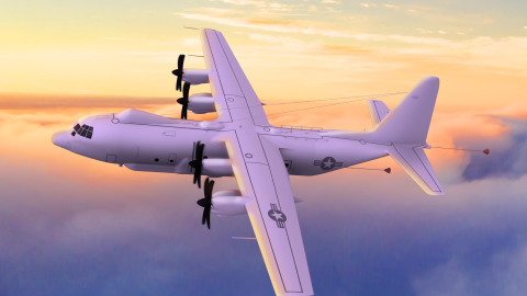 Rendering of C-130J-30 aircraft flying