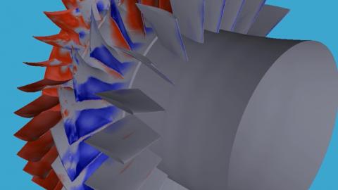 A simulation of an aircraft engine undergoing testing using modeling simulation on a computer.