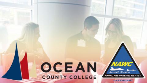 Photo of students and engineers talking at 2017 OCC career fair in the background. OCC and NAWCAD LKE logos in the foreground. 