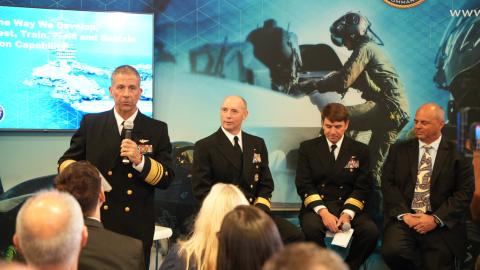 Members of Naval Air Systems Command leadership present the “Advancing the Way We Develop, Integrate, Test, Train, Field and Sustain Naval Aviation Capability" panel at the Sea-Air-Space Expo 2024. From left, NAVAIR Commander Vice Admiral Carl Chebi; Rear Admiral Joe Hornbuckle, Commander, Fleet Readiness Centers; Rear Admiral John Dougherty, Commander, Naval Air Warfare Center Aircraft Division (NAWCAD); and Dan Carreño, executive director of Naval Air Warfare Center Weapons Division (NAWCWD).