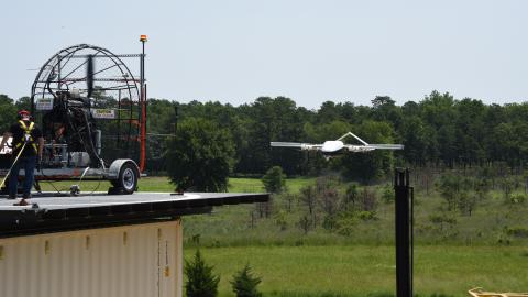 A wind test is conducted at the Naval Air Warfare Center Aircraft Division Lakehurst Ship Motion Platform
