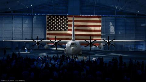 Artist rendering of a four propeller airplane in front of the USA flag in a hanger
