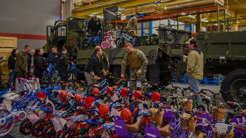 bicycles are loaded into trucks for the annual Toys for Tots drive. 
